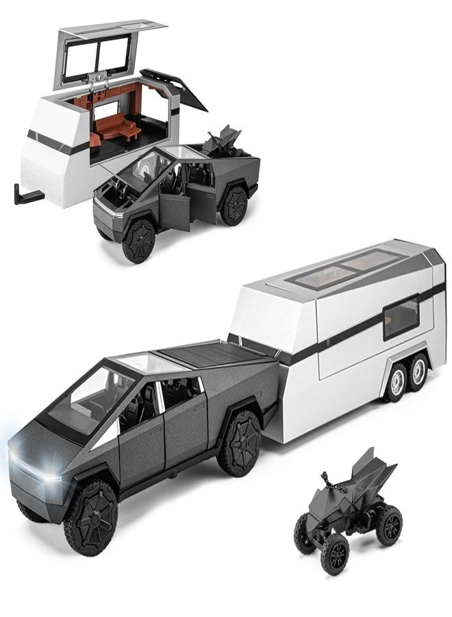 RAHU Cybertruck Toy for Kids, Pickup Truck with RV Moto carycle Cybertquad Model Cars Model Car, 1/32 Toy Truck and Trailer with Sound/Light/, Ideal Gift for Boys Aged 6 and Up (Grey) - Image 1
